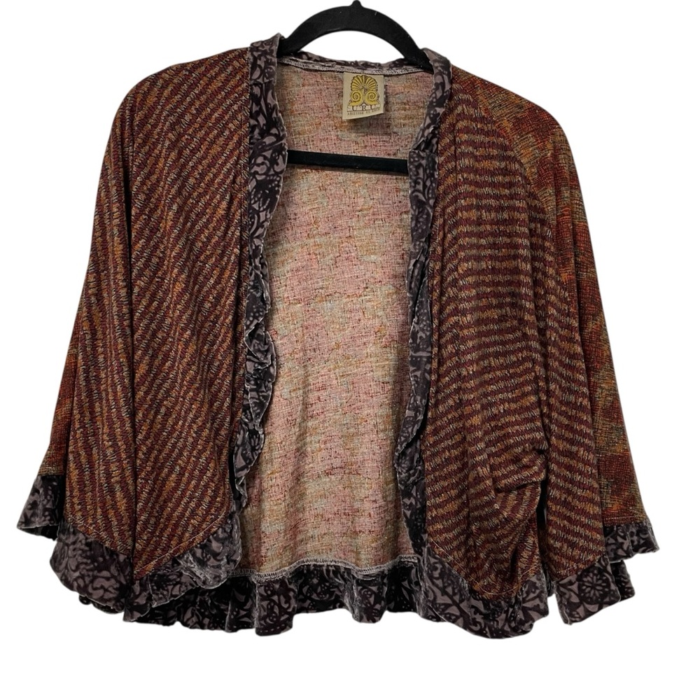 URU KRISTINE ST. RRIK Boho Mixed Rust Brown Open-Front Cardigan with Velvet Trim